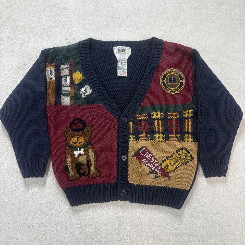 Vintage 90s Eagles Eye Sweater Toddler 3T Handknit Cardigan Ivy League Academia